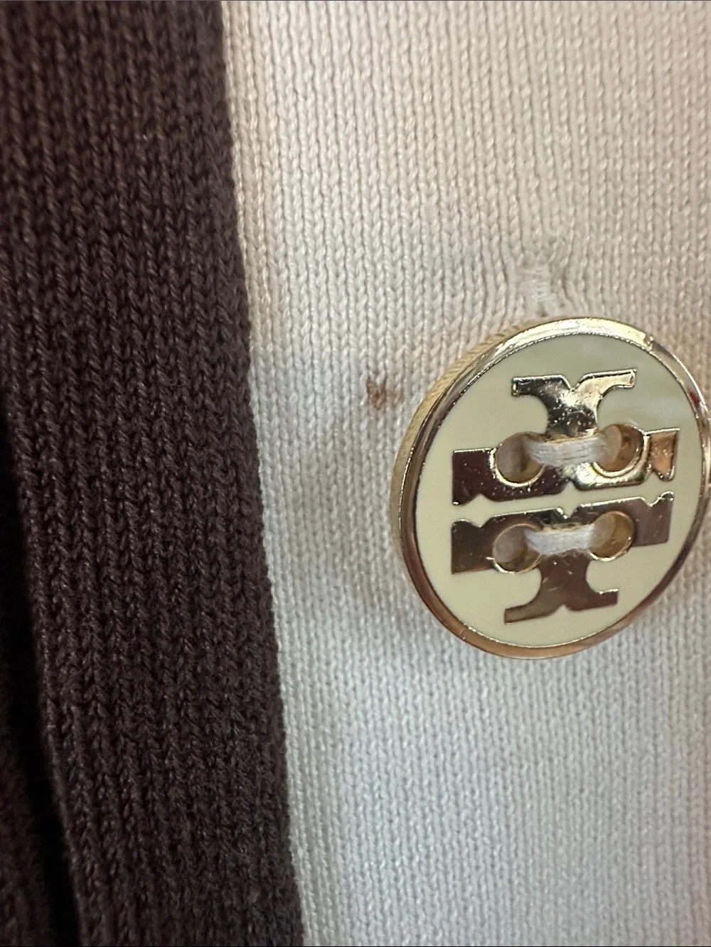 Tory Burch Brown Ribbed Cardigan with White Trim and Logo Buttons